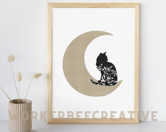 Måne- och kattväggkonst, häxig väggkonst, blommig katt och måne, mystisk konst, digital nedladdning av väggkonst, svart kattkonsttryck, svart katt