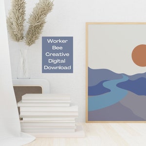 Blue Mountain Abstract Wall Art, Boho Mountains Art Print, Mid Century Modern Mountains Poster, Boho Wall Decor, Digital Download Art Prints