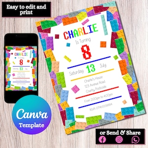 Building Blocks Birthday Invitation Building Bricks Kids Birthday Party Invite Boy Building Block Party Building Bricks Birthday Invite Boy