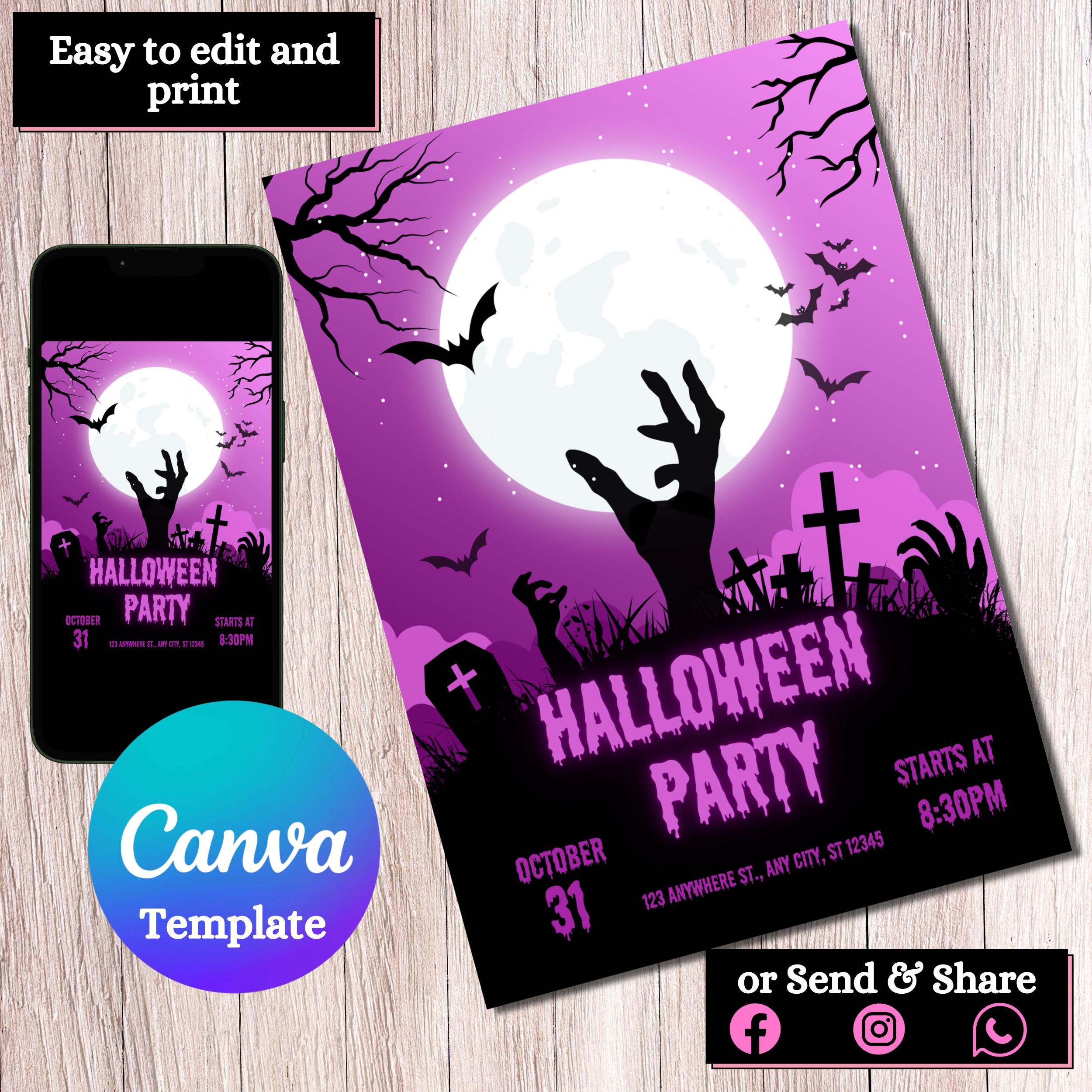 Pink Halloween Party Invitation | Digital Download | Editable | Kids ...
