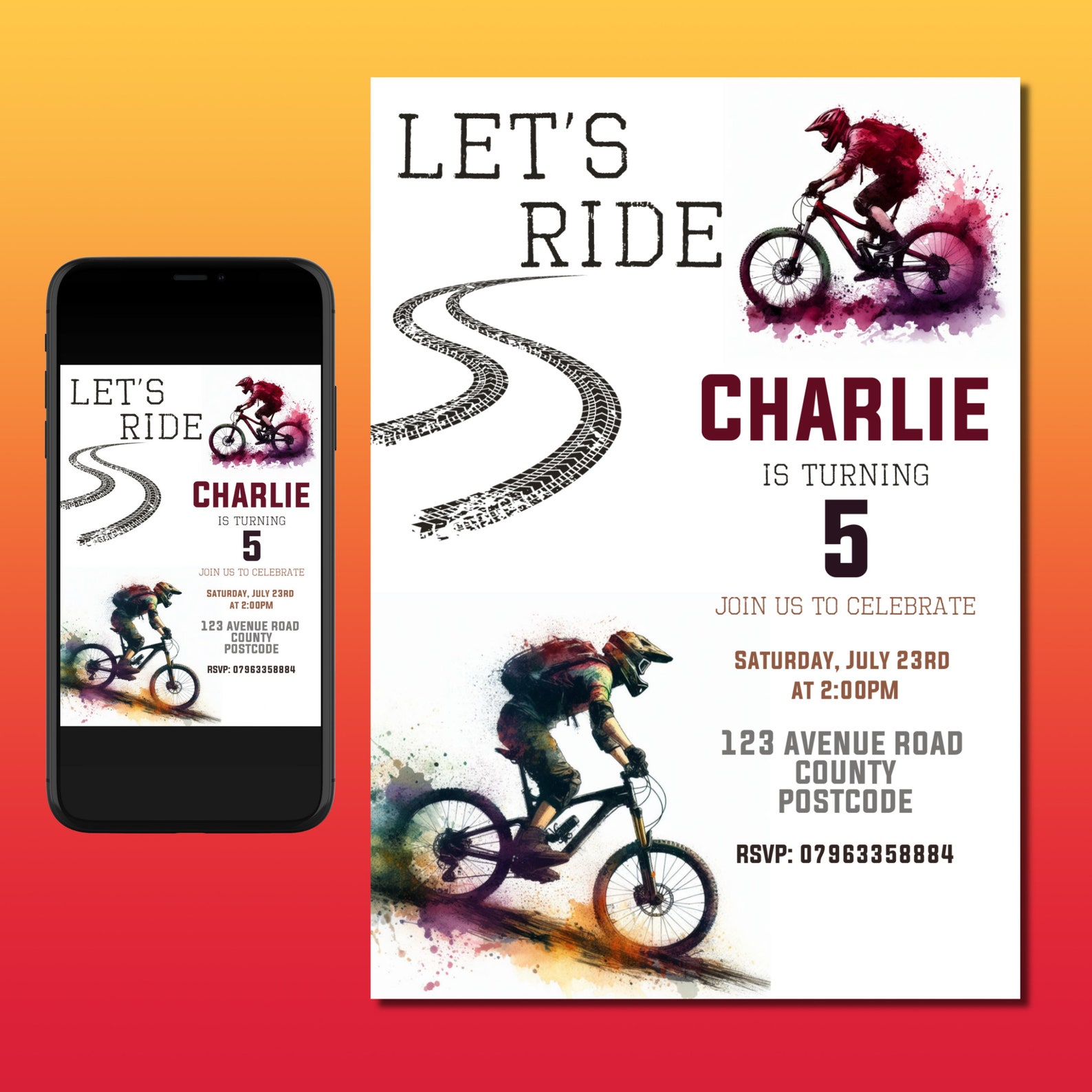 Bike Birthday Invitation, Mountain Bike Invite, 5th Birthday, Boy ...