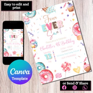 Four Ever Sweet Birthday Invitation Donut Birthday Party Four Ever Birthday Girl 4th Sweet Celebration childrens boy digital download