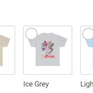 May include: Eight t-shirts in different colors, each featuring a graphic design of a colorful, stylized, abstract creature with the text "The Shadows" underneath. The colors are white, black, sand, ice grey, light blue, navy, and light pink.