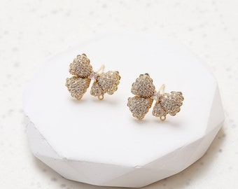 4pcs Dainty CZ Bow Ear Studs Earrings, Cubic Zirconia Bow Earrings, Jewelry Making Supplies Findings 14k Gold Plating Brass Accessories