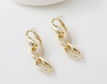 2pcs Dainty CZ Chain Ear Studs Earrings , Cz Pave Charm Earrings, Cubic Zirconia Earrings, Jewelry Making Findings Brass 14k Gold Plated