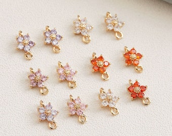 8PCS Dainty Flower Charms, Cubic Zirconia Charms , CZ Pave Flower Connector, Jewelry Making Bracelet Supplies Brass 14k Gold Plated