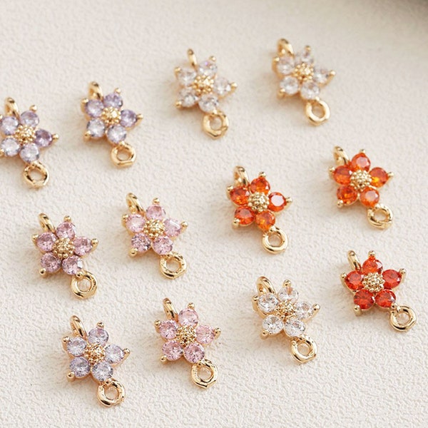 8PCS Dainty Flower Charms, Cubic Zirconia Charms , CZ Pave Flower Connector, Jewelry Making Bracelet Supplies Brass 14k Gold Plated