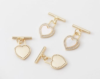 2pcs shell CZ Heart Chain Connectors link buckle, Bracelet Necklace clasps Connectors, Jewelry Making Supplies Diy Brass 14k Gold Plated