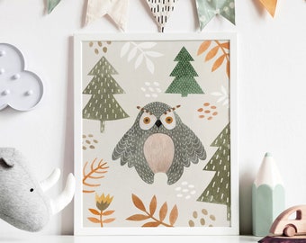 Owl art print, Nursery wall décor, Forest animal illustration poster, Kids room décor, Modern scandi folk art, 11x14, 16x20, 8x10, A3, A4