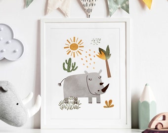 Rhino kwekerij kunst print, Boho safari neushoorn kinderkamer wanddecoratie, grijs en geel moderne poster, 11x14, 16x20, 8x10, A3, A4