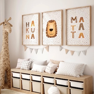 Set of 3 Boho Jungle Animal 'Hakuna Matata' Wall Art Prints for Children, Safari Nursery, Animals, Lion, Boy or Girl Kids room, 11x14, 16x20