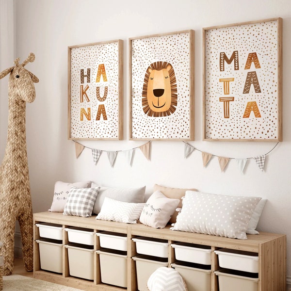 Lot de 3 impressions murales Boho Jungle Animal 'Hakuna Matata' pour enfants, chambre d'enfant Safari, animaux, lion, garçon ou fille, 11x14, 16x20