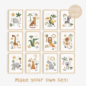 Custom Boho jungle animal wall décor, Safari nursery art print set for boys or girls room, Playroom illustration posters, Safari themed