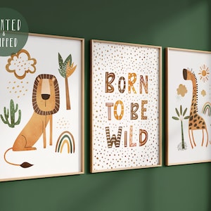 Boho Nursery Wall Art Prints, Safari Green Decor, Boho kids room Set of 3, African Jungle animals, Born to be Wild, Lion, Giraffe