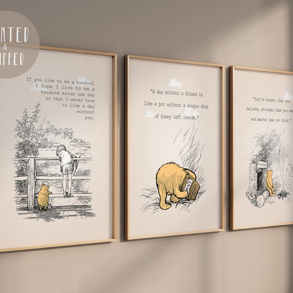 Set of 3 Classic Winnie the Pooh quote prints, Original A. A. Milne, Wall art décor, Kids room illustrations, Pooh Bear Gift