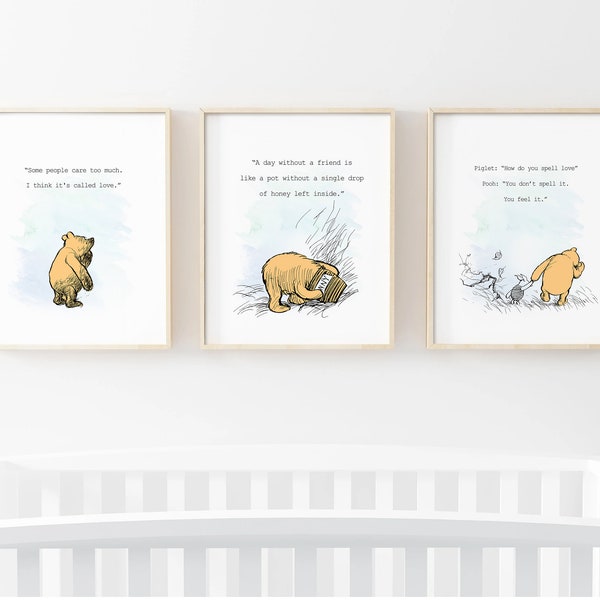 Ensemble de 3 tirages de la crèche Winnie the Pooh, citations classiques de A. A. Milne, décoration d’art mural, illustrations de chambre d’enfants, cadeau de bébé Ourson Ours