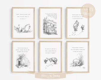 Winnie the Pooh quote print set of 6, Black and white nursery wall art décor, Classic A. A. Milne book illustrations, 16x20, 11x14, A2, A3