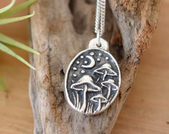 Mushrooms and Moon Recycled Fine Silver Pendant Necklace Handmade In Cornwall Optional Sterling Silver Curb Chain
