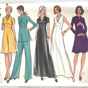 May include: Vintage Vogue Patterns sewing pattern featuring illustrations of various women's fashions. The designs include dresses, pantsuits, and a long gown. The pattern is suitable for knits and includes the size 14.