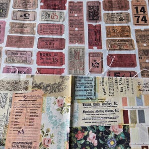 May include: Fabric with a collage of vintage tickets and floral patterns. The tickets are in shades of red, pink, and brown, with text like "Oriental Theatre" and "Cozy Theatre". The floral section features roses and other flowers.