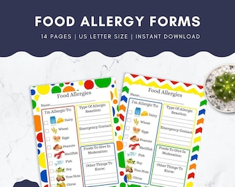May include: Two printable food allergy forms with colorful polka dots and zig-zag patterns. The forms include checkboxes for common allergens like dairy, wheat, eggs, peanuts, shellfish, fish, soy, tree nuts, and citrus. Each form has sections for "I'm Allergic To", "Type of Allergic Reaction", "Emergency Contact", "Foods To Give In Moderation", and "Other Things To Know".