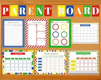 Pode incluir: Um quadro de cortiça com a palavra "PARENT BOARD" em letras coloridas no topo. O quadro é dividido em seções com diferentes gráficos imprimíveis, incluindo uma folha de entrada/saída, um boletim informativo, um calendário, um plano de aula, atividades semanais e um plano de refeições semanal.
