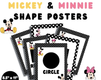May include: Black and white polka dot printable posters featuring Mickey Mouse and Minnie Mouse with different shapes. The posters are 8.5 inches by 11 inches and are in PDF format. The text on the posters reads "Mickey & Minnie Shape Posters" and "Circle".