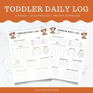 Toddler Daily Log: Daily Log for Daycare, Babysitter, Nanny | Printable Daycare Log | Nanny Log | Daycare Forms | Childcare Log | Childcare