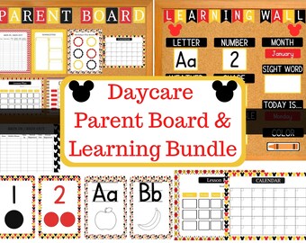 Puede incluir: Un paquete de tablero para padres y aprendizaje para guarderías con el tema de Mickey Mouse. El paquete incluye tableros de corcho, planes de lecciones, calendarios y tarjetas de números y letras. La combinación de colores es rojo, amarillo, negro y blanco.