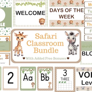 May include: A safari classroom bundle featuring educational cards with illustrations of a giraffe, zebra, lion, and monkey. The set includes text for days of the week, numbers, letters, voice levels, and birthday greetings in a green and tan color palette.