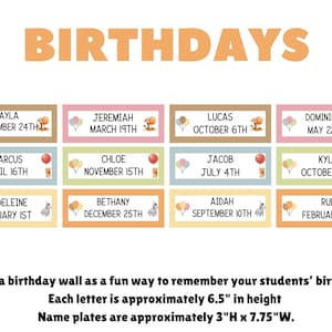 May include: A birthday wall display featuring the word BIRTHDAYS in large orange letters above twelve rectangular name plates. Each plate lists a name and date with small illustrations of balloons and animals. Dimensions are 3 inches by 7.75 inches.