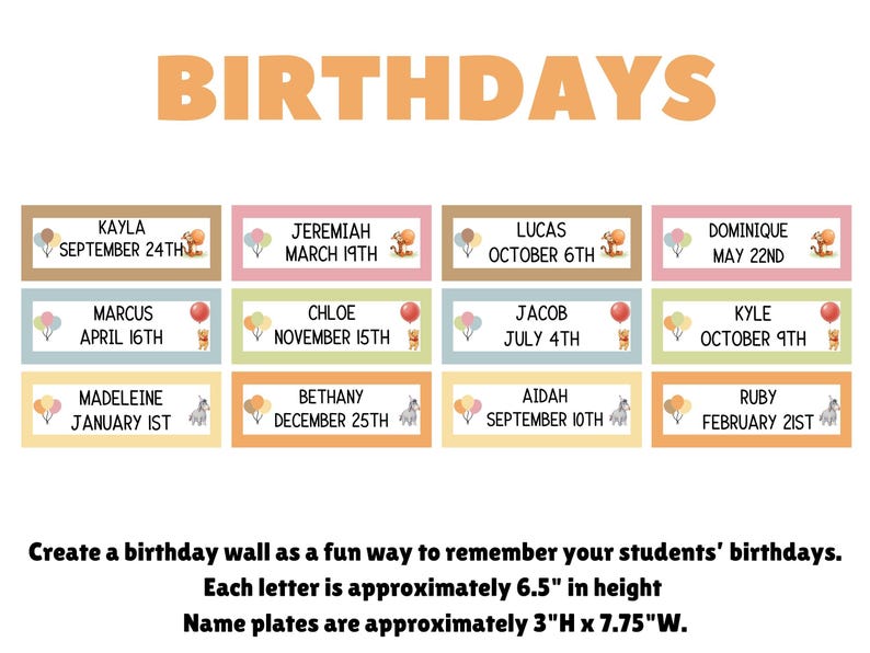 May include: A birthday wall display featuring the word BIRTHDAYS in large orange letters above twelve rectangular name plates. Each plate lists a name and date with small illustrations of balloons and animals. Dimensions are 3 inches by 7.75 inches.