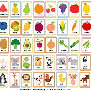 May include: A collection of educational flashcards featuring colorful illustrations of fruits, vegetables, and animals. Each card displays a single item with its name printed in black text below. The cards measure approximately 5 inches by 7.5 inches.