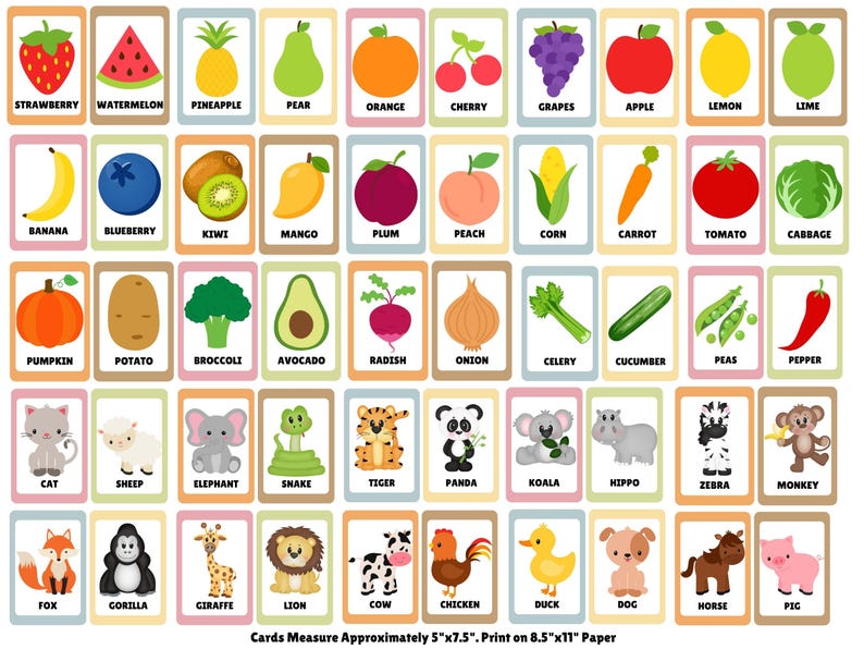 May include: A collection of educational flashcards featuring colorful illustrations of fruits, vegetables, and animals. Each card displays a single item with its name printed in black text below. The cards measure approximately 5 inches by 7.5 inches.