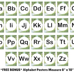 May include: A set of twenty-six rectangular alphabet posters, each featuring a white circle containing a black uppercase and lowercase letter from Aa to Zz. The background of each poster displays a green forest scene. Text at the bottom reads: *FREE BONUS* Alphabet Posters Measure 8" x 10".