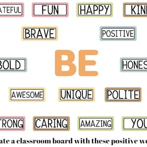 May include: A graphic design featuring the large orange word BE in the center, surrounded by rectangular labels containing the words GRATEFUL, FUN, HAPPY, KIND, BRAVE, POSITIVE, BOLD, HONEST, AWESOME, UNIQUE, POLITE, STRONG, CARING, AMAZING, and YOU.