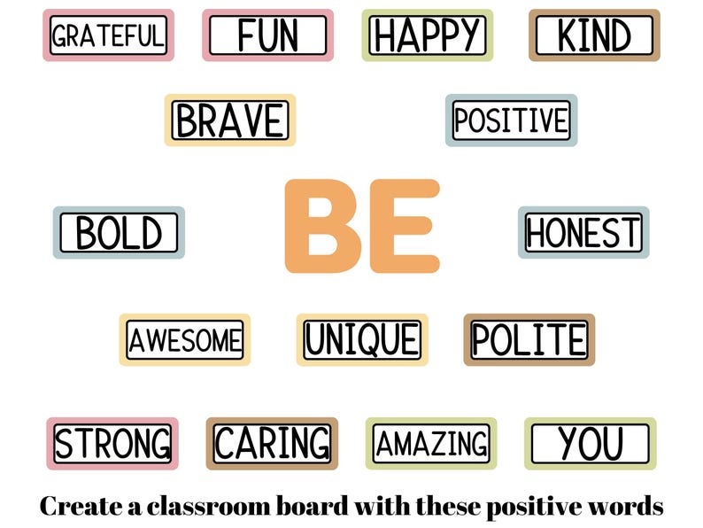 May include: A graphic design featuring the large orange word BE in the center, surrounded by rectangular labels containing the words GRATEFUL, FUN, HAPPY, KIND, BRAVE, POSITIVE, BOLD, HONEST, AWESOME, UNIQUE, POLITE, STRONG, CARING, AMAZING, and YOU.