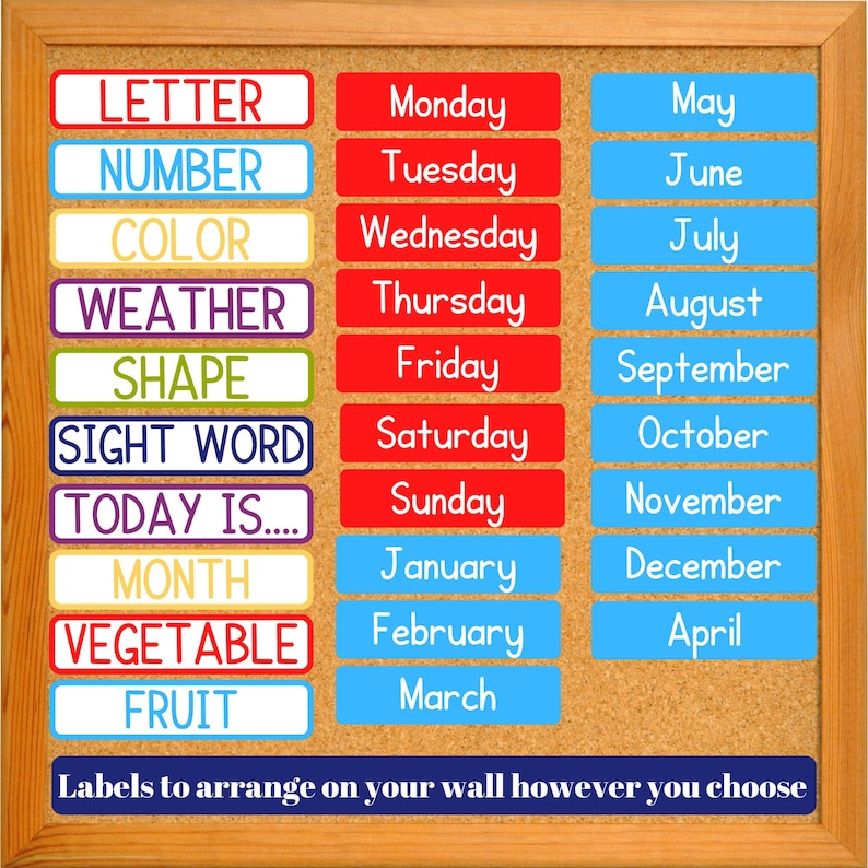 K&ouml;nnte beinhalten: Eine Korktafel mit bunten Etiketten zum Unterrichten von Kindern &uuml;ber Buchstaben, Zahlen, Farben, Wetter, Formen, Sehw&ouml;rter, Wochentage, Monate, Gem&uuml;se und Fr&uuml;chte. Die Etiketten sind in Reihen und Spalten auf der Korktafel angeordnet.