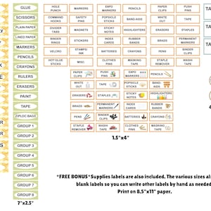 May include: A collection of printable organization labels featuring days of the week, group numbers, table numbers, and various school supply categories. The set includes rectangular labels with text and icons, circular labels, and blank spaces for custom writing.