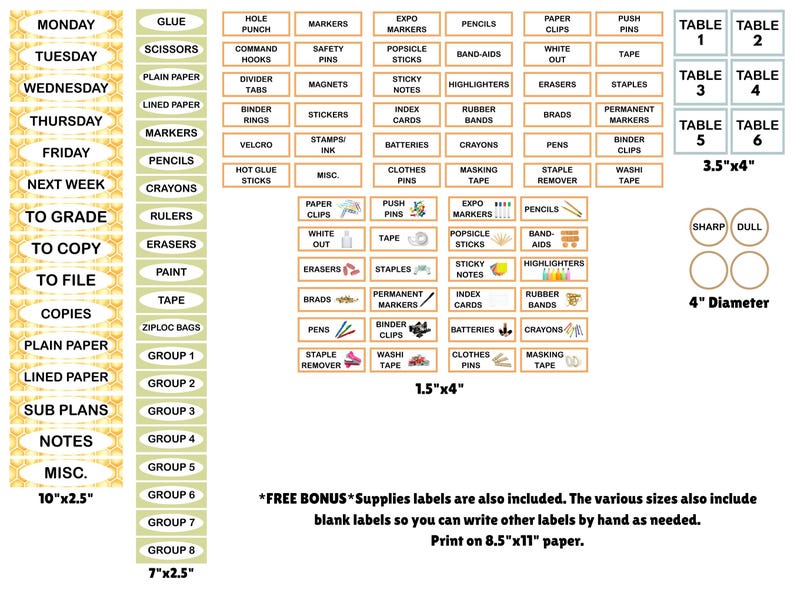 May include: A collection of printable organization labels featuring days of the week, group numbers, table numbers, and various school supply categories. The set includes rectangular labels with text and icons, circular labels, and blank spaces for custom writing.