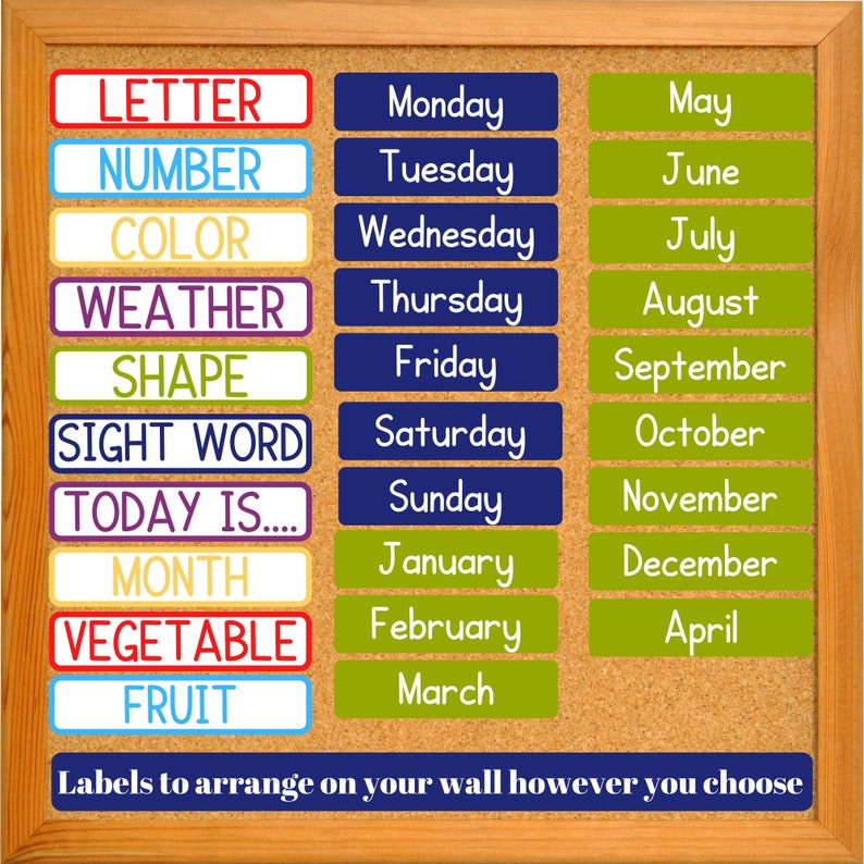 K&ouml;nnte beinhalten: Eine Korktafel mit bunten Etiketten f&uuml;r den Klassenzimmergebrauch. Die Etiketten beinhalten W&ouml;rter wie "Buchstabe", "Zahl", "Farbe", "Wetter", "Form", "Sichtwort", "Heute ist...", "Monat", "Gem&uuml;se", "Obst", "Montag", "Dienstag", "Mittwoch", "Donnerstag", "Freitag", "Samstag", "Sonntag", "Januar", "Februar", "M&auml;rz", "April", "Mai", "Juni", "Juli", "August", "September", "Oktober", "November", und "Dezember".