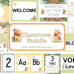 Può includere: Un pacchetto per la classe con i personaggi di Winnie the Pooh. Include cartelli di benvenuto, mesi dell'anno, giorni della settimana, schede numeriche e alfabetiche e biglietti di compleanno. Il pacchetto ha una palette di colori tenui.