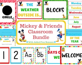 May include: A collection of colorful classroom learning materials featuring Mickey Mouse and friends. Includes cards for days of the week, months, numbers, the alphabet, and a welcome sign. The bundle is designed for educational use.