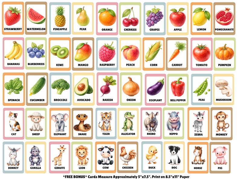 May include: A collection of educational flashcards featuring illustrations of various fruits, vegetables, and animals. Each card displays a colorful image and the corresponding name in English text. The cards measure 5 inches by 7.5 inches.