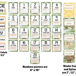 May include: A set of educational classroom materials featuring voice level labels measuring 4 inches by 9.5 inches, number posters from 0 to 20 measuring 8 inches by 10 inches, and binder cover pages with matching spines in 1, 1.5, 2, and 3 inch sizes.