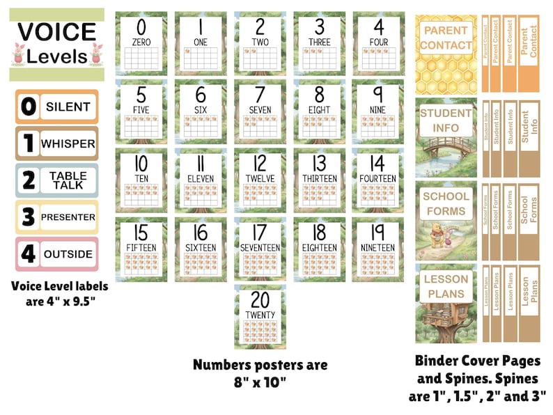 May include: A set of educational classroom materials featuring voice level labels measuring 4 inches by 9.5 inches, number posters from 0 to 20 measuring 8 inches by 10 inches, and binder cover pages with matching spines in 1, 1.5, 2, and 3 inch sizes.