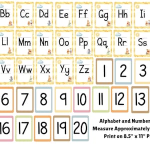 May include: A set of educational alphabet cards featuring letters A through Z with small character illustrations, and number cards from 1 to 20 with colored borders. Text on the image states: Alphabet and Number Cards Measure Approximately 5" x 7.5" Print on 8.5" x 11" Paper.