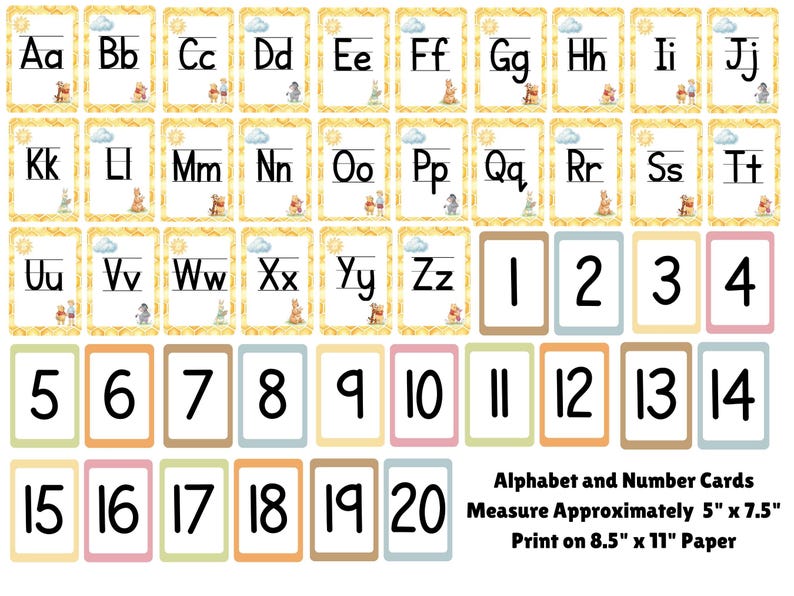 May include: A set of educational alphabet cards featuring letters A through Z with small character illustrations, and number cards from 1 to 20 with colored borders. Text on the image states: Alphabet and Number Cards Measure Approximately 5" x 7.5" Print on 8.5" x 11" Paper.