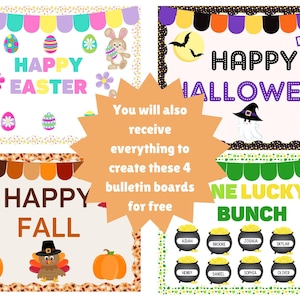 May include: Four seasonal bulletin board sets featuring Easter with bunnies and eggs, Halloween with ghosts and bats, Fall with pumpkins and a turkey, and St. Patrick's Day with pots of gold. A central orange starburst contains the text: You will also receive everything to create these 4 bulletin boards for free.