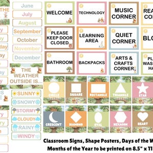 May include: A collection of printable classroom signs, shape posters, days of the week, and months of the year featuring Winnie the Pooh illustrations. The set includes labels for areas like Music Corner and Reading Corner, plus weather and shape charts.